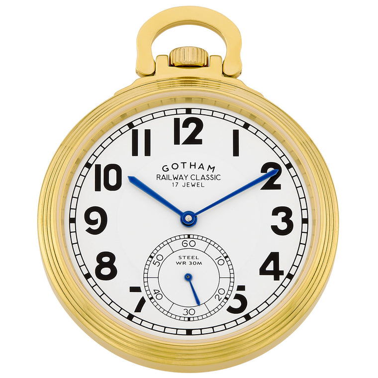 Gotham Men's Gold Plated Stainless Steel Mechanical Hand Wind Railway Classic Nostalgia Series Pocket Watch # GWC14114G