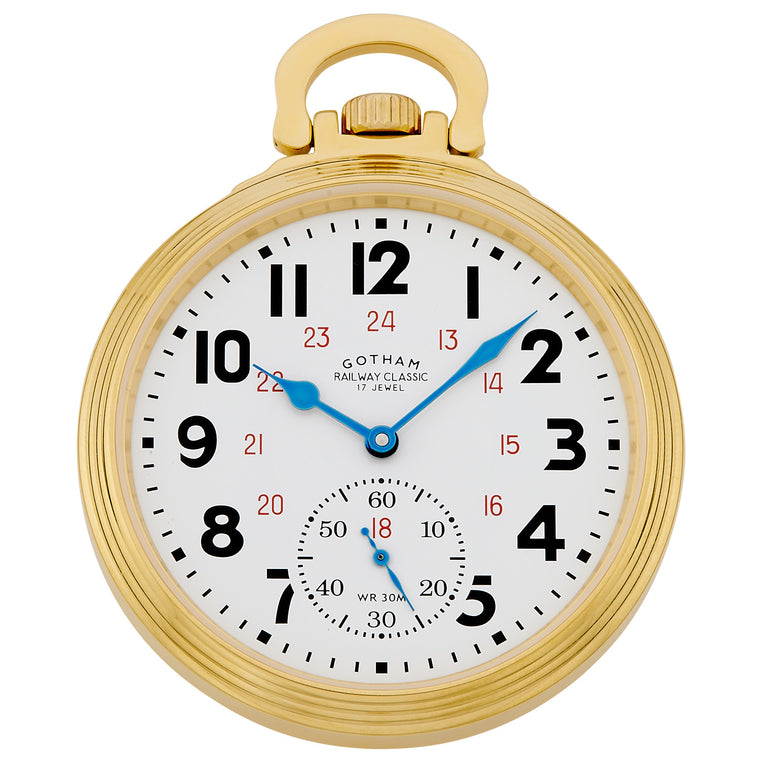 Gotham Men's Gold Plated Stainless Steel Mechanical Hand Wind Railway Classic Nostalgia Series Pocket Watch # GWC14116G