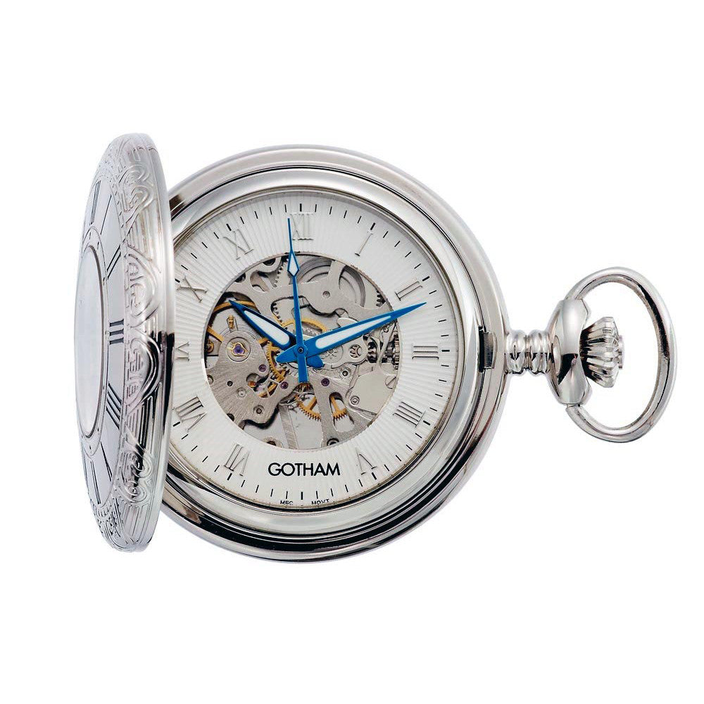 Gotham Men's Silver-Tone 17 Jewel Mechanical Covered Pocket Watch # GWC14036S - Gotham Watch