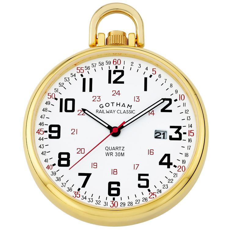 Gotham Men's Gold Plated Stainless Steel Analog Quartz Date Railroad Style Pocket Watch # GWC14107G - Gotham Watch