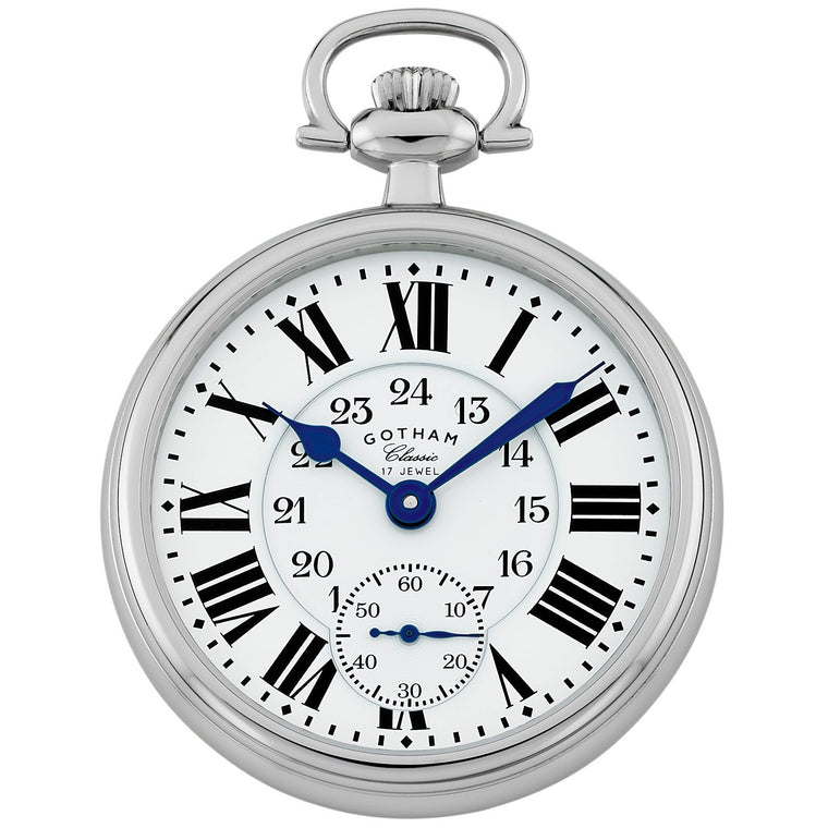 Gotham Classic Series Stainless Steel Open Face 17 Jewel Mechanical Hand Wind Pocket Watch # GWC14112S