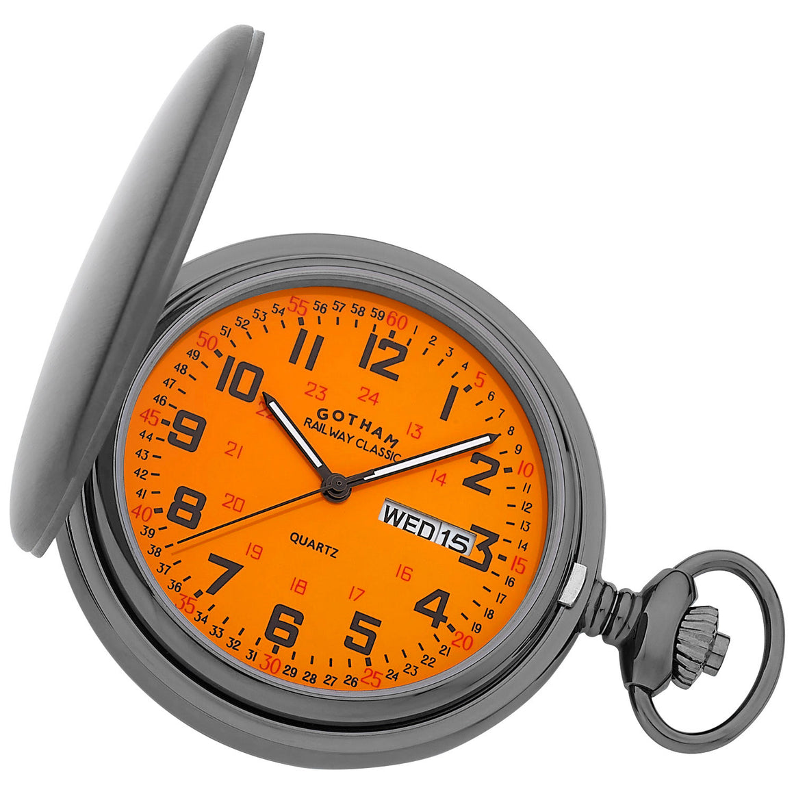 Gotham Men's Railway Classic Gunmetal Stainless Steel Analog Quartz Day/Date Hunter Pocket Watch # GWC14110BOX - Gotham Watch