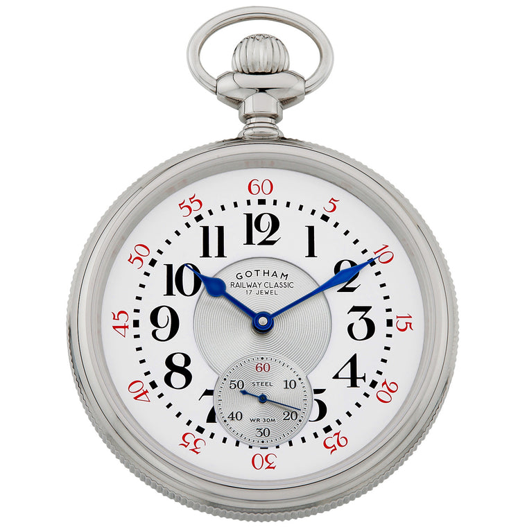 Gotham Men's Stainless Steel Mechanical Hand Wind Railway Classic Nostalgia Series Pocket Watch # GWC14117S