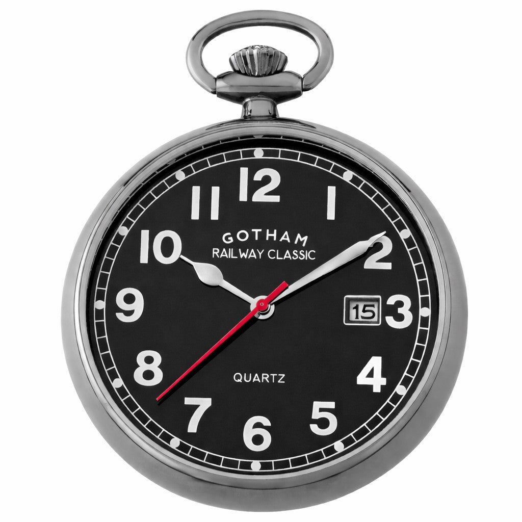 Gotham Men's Gun-Tone Analog Quartz Date Railroad Pocket Watch # GWC14101BBK - Gotham Watch