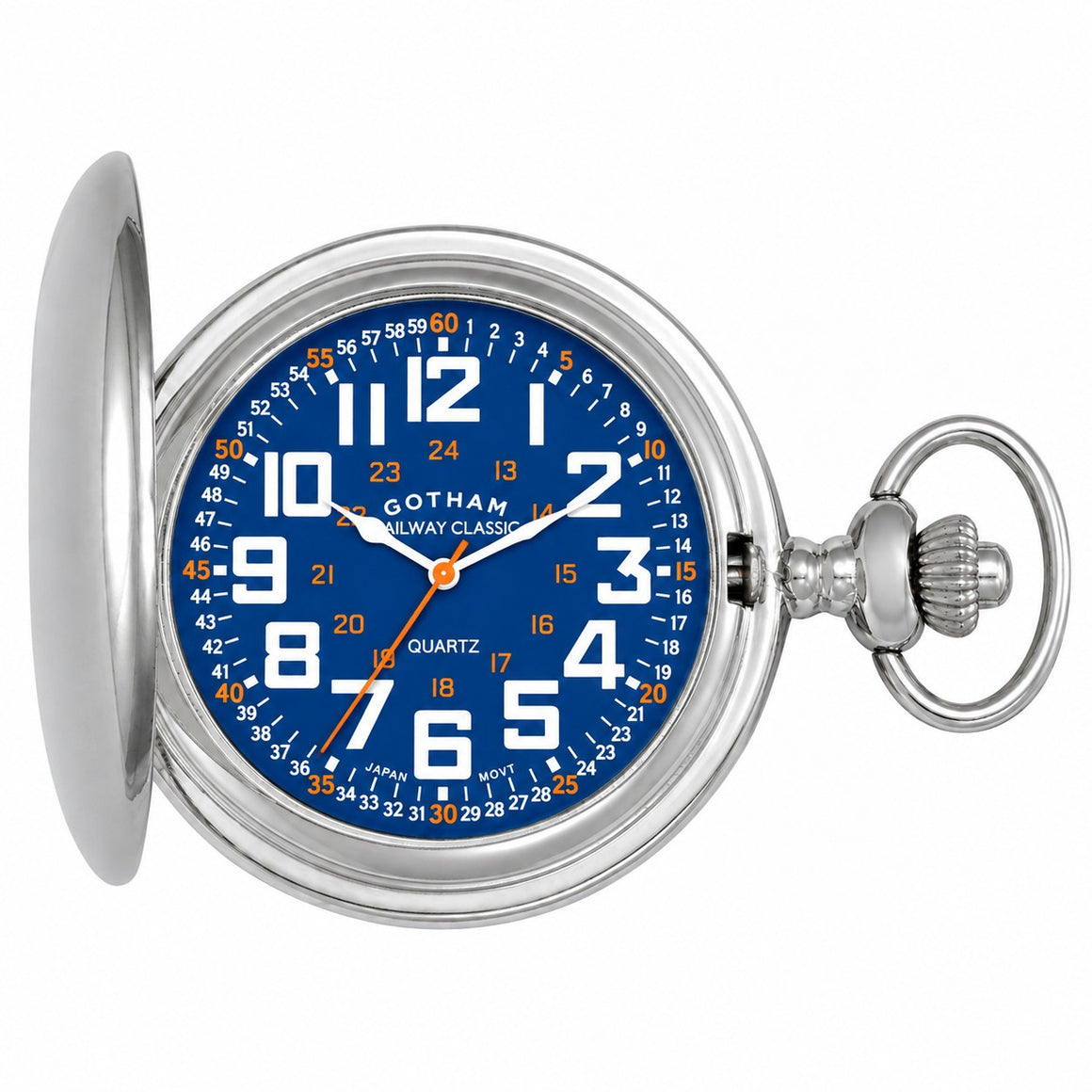 Gotham Men's Silver-Tone Railroad Polished Finish Covered Quartz Pocket Watch # GWC15044SBL