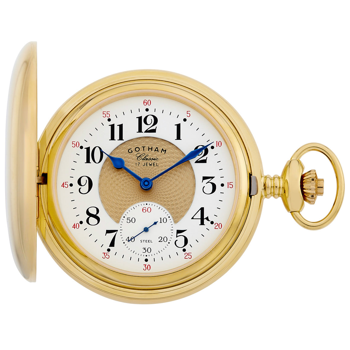Gotham Men's Classic Gold-Plated Polished Case Double Hunter 17 Jewel Mechanical Pocket Watch # GWC18810G