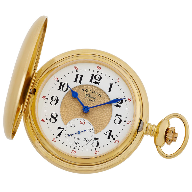 Gotham Men's Classic Gold-Plated Polished Case Double Hunter 17 Jewel Mechanical Pocket Watch # GWC18810G