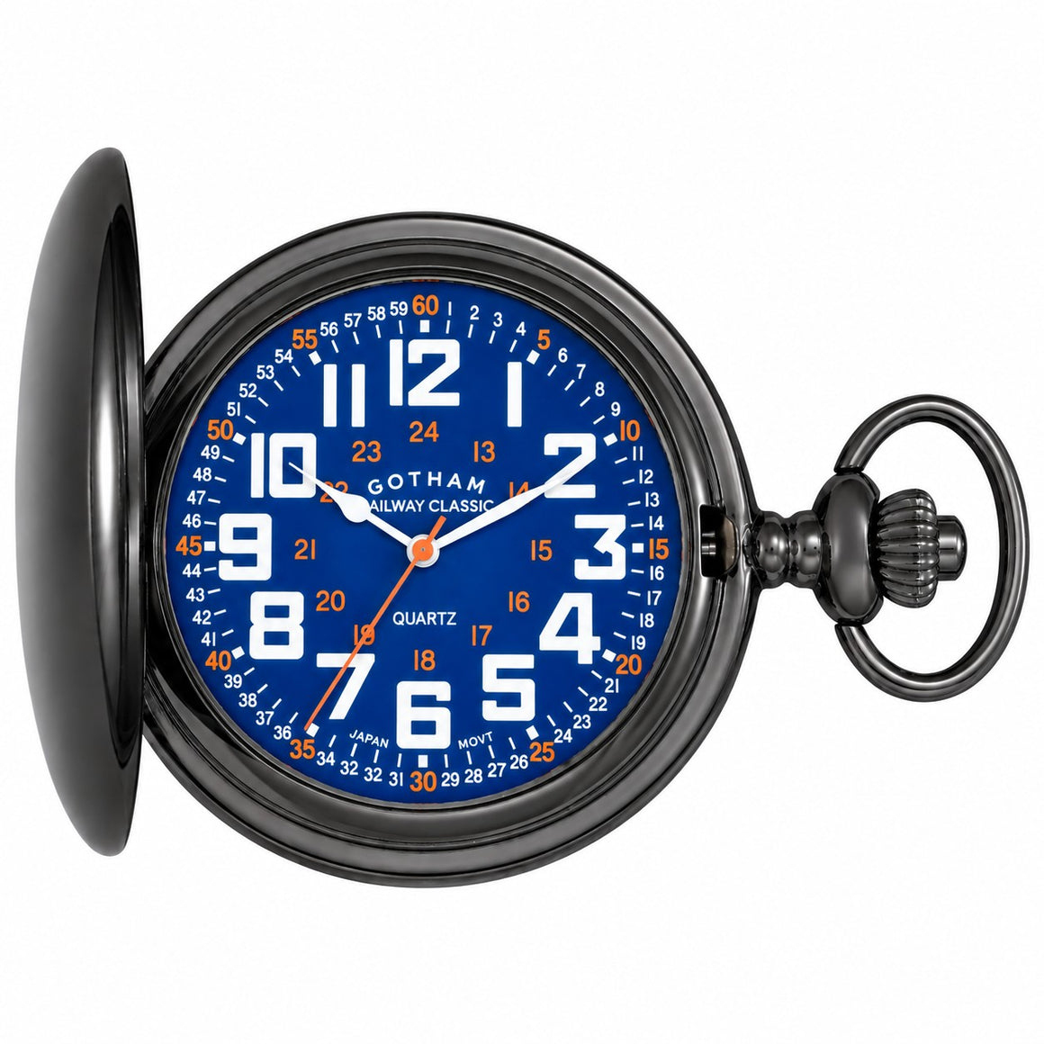 Gotham Men's Gunmetal Railroad Polished Finish Covered Quartz Pocket Watch # GWC15044BBL