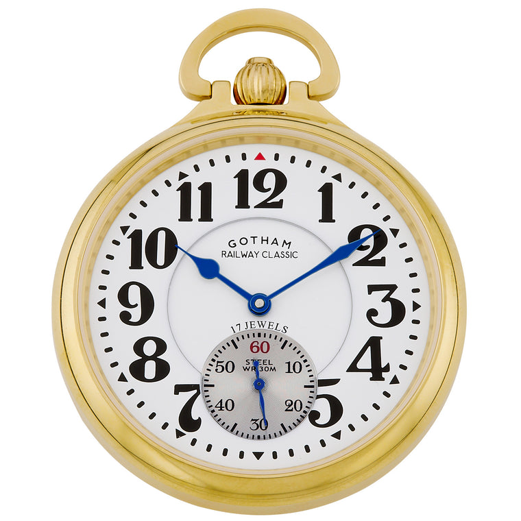 Gotham Men's Gold Plated Stainless Steel Mechanical Hand Wind Railway Classic Nostalgia Series Pocket Watch # GWC14123G