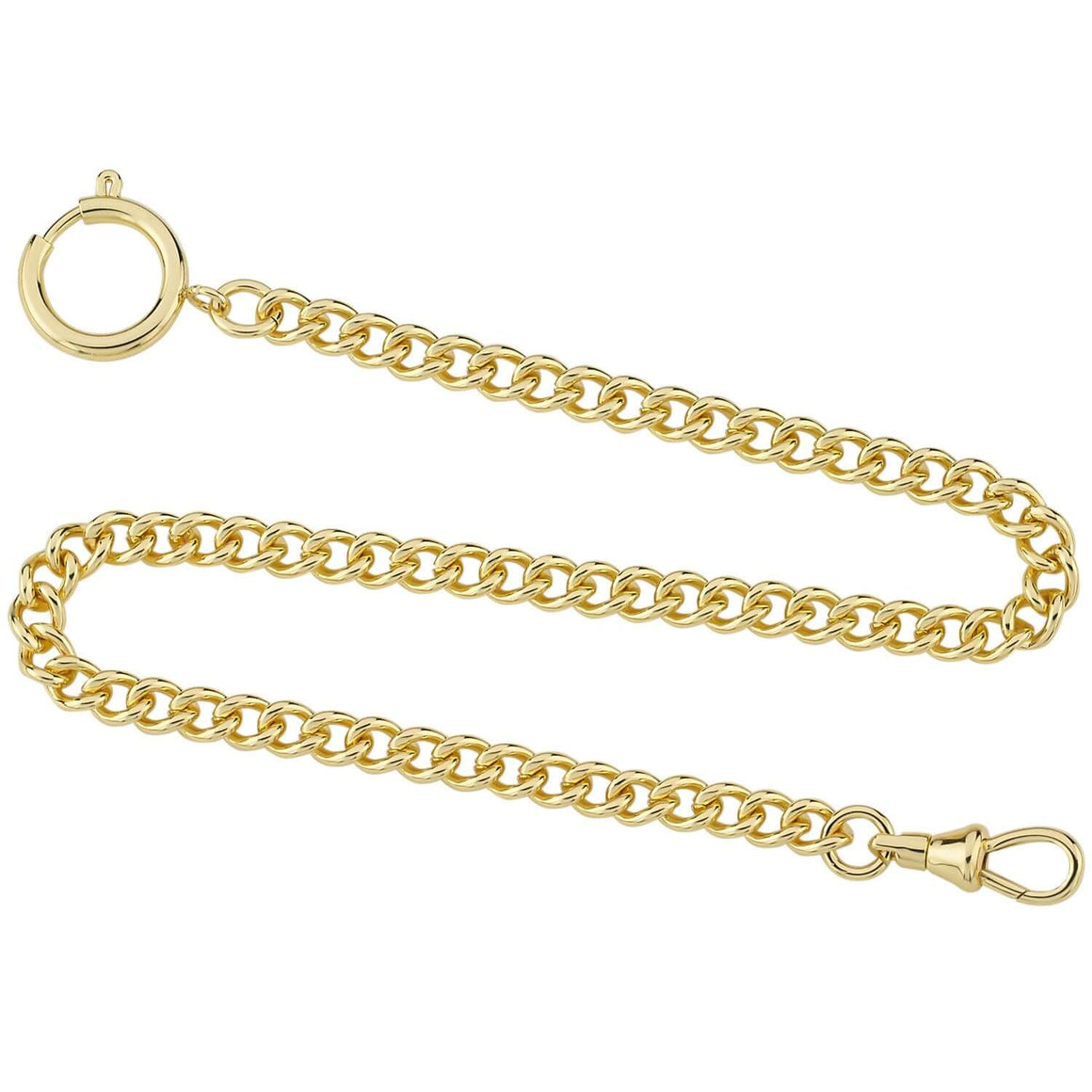 Mechanical gold plated pocket watch chain with lobster clasp and round spring ring, perfect for secure attachment.