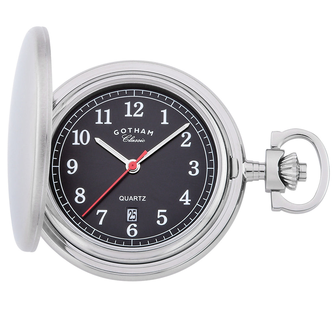 Gotham Men's Stainless Steel Classic Series Brushed Covered Quartz Pocket Watch # GWC14125SBK with black matte dial.