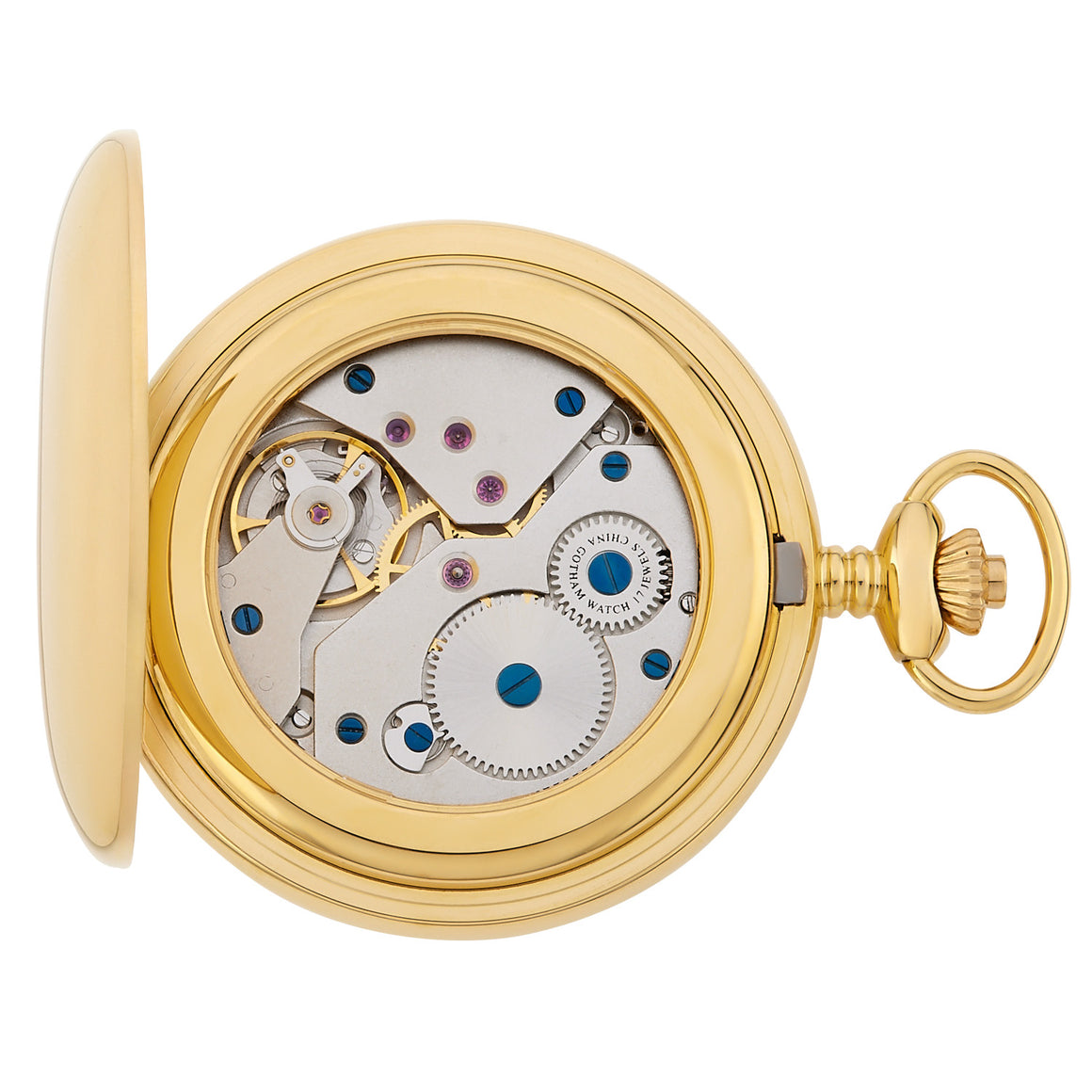 Gotham Men's Gold Plated 17 Jewel Mechanical Pocket Watch # GWC18809G open view showing intricate mechanical movement.