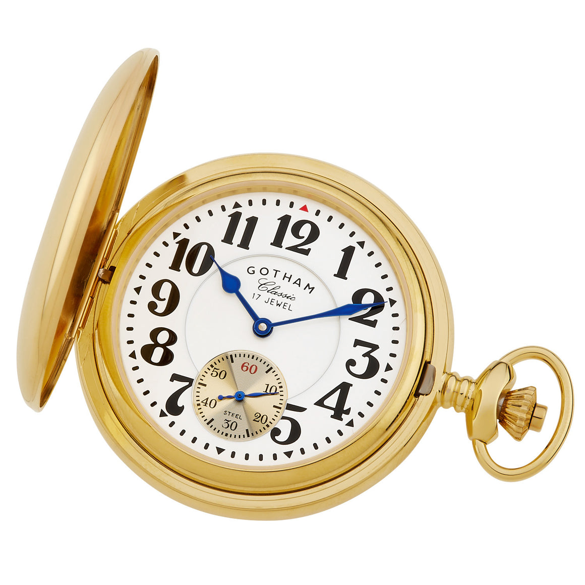 Gotham Men's Classic Gold Plated Polished Case Double Hunter 17 Jewel Mechanical Pocket Watch # GWC18808G - Gotham Watch
