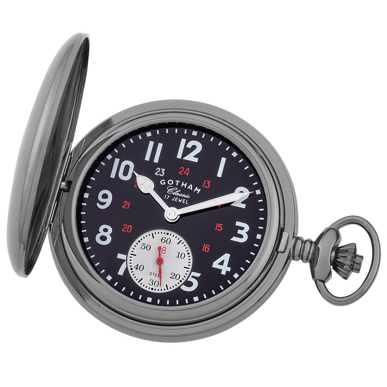 Gotham Men's Classic Gunmetal Plated Polished Case Double Hunter 17 Jewel Mechanical Pocket Watch # GWC18807BBK - Gotham Watch