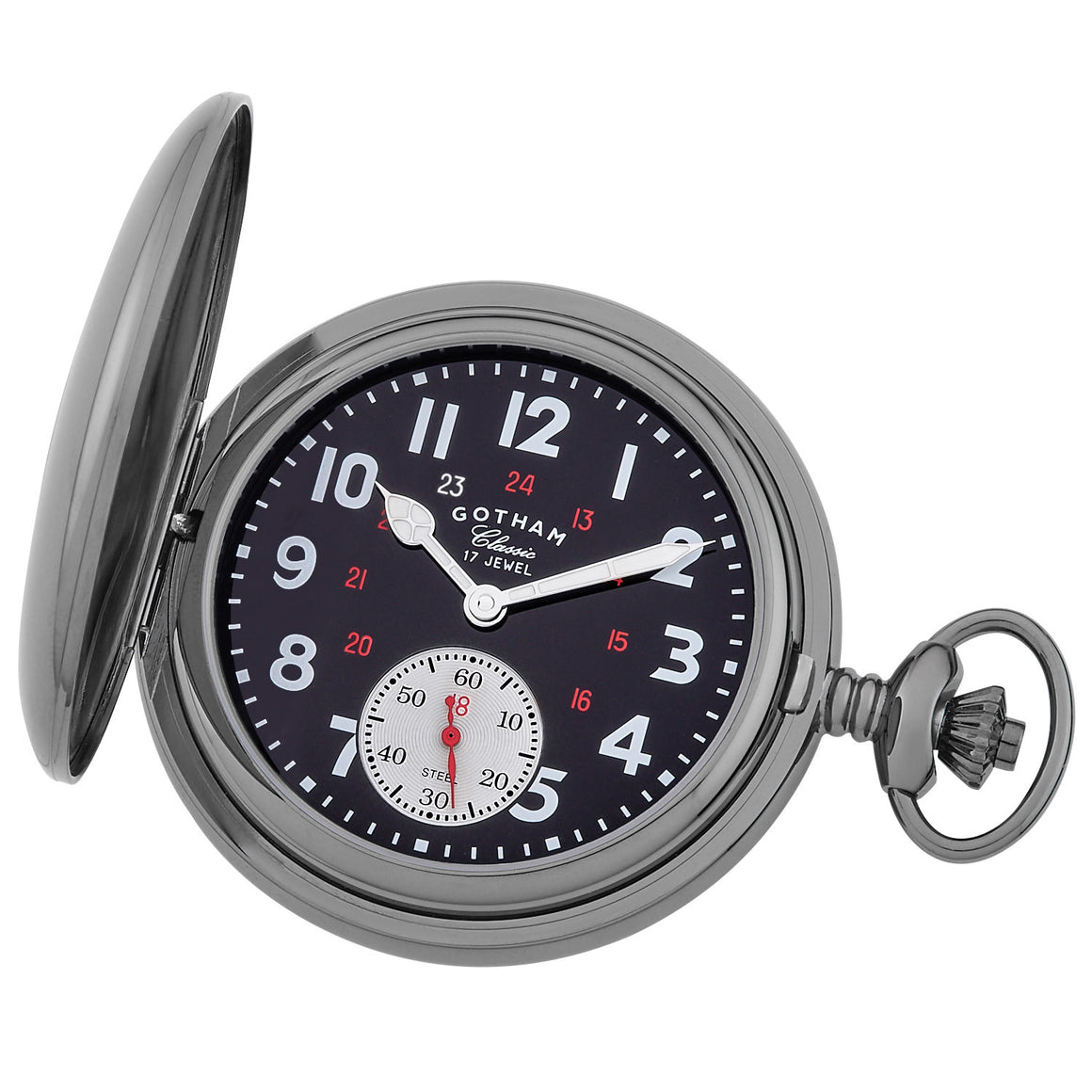 Gotham Men's Classic Gunmetal Plated Polished Case Double Hunter 17 Jewel Mechanical Pocket Watch # GWC18807BBK - Gotham Watch