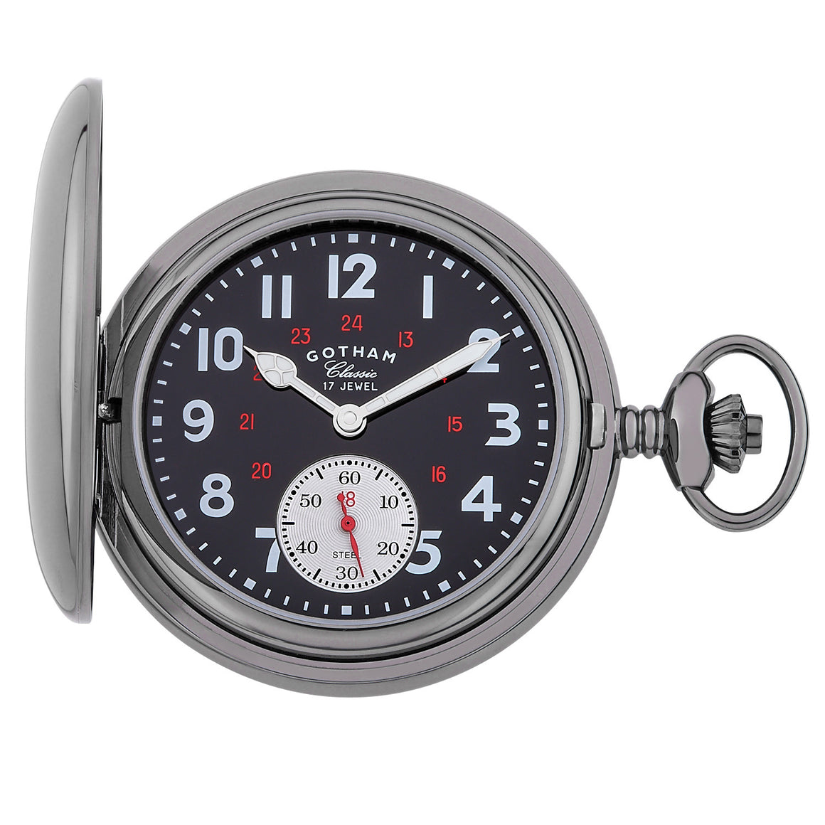 Gotham Men's Classic Gunmetal Plated Polished Case Double Hunter 17 Jewel Mechanical Pocket Watch # GWC18807BBK - Gotham Watch