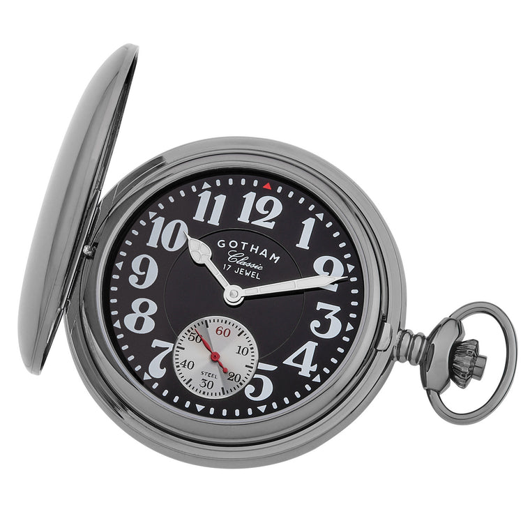Gotham Men's Classic Gunmetal Plated Polished Case Double Hunter 17 Jewel Mechanical Pocket Watch # GWC18808BBK - Gotham Watch