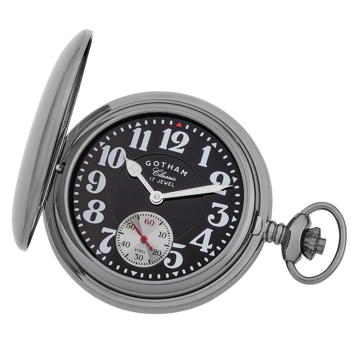 Gotham Men's Classic Gunmetal Plated Polished Case Double Hunter 17 Jewel Mechanical Pocket Watch # GWC18808BBK - Gotham Watch