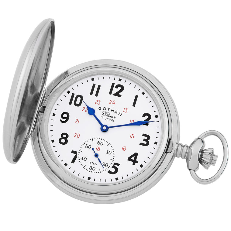 Gotham Men's Classic Silver-Tone Polished Case Double Hunter 17 Jewel Mechanical Pocket Watch # GWC18807S - Gotham Watch
