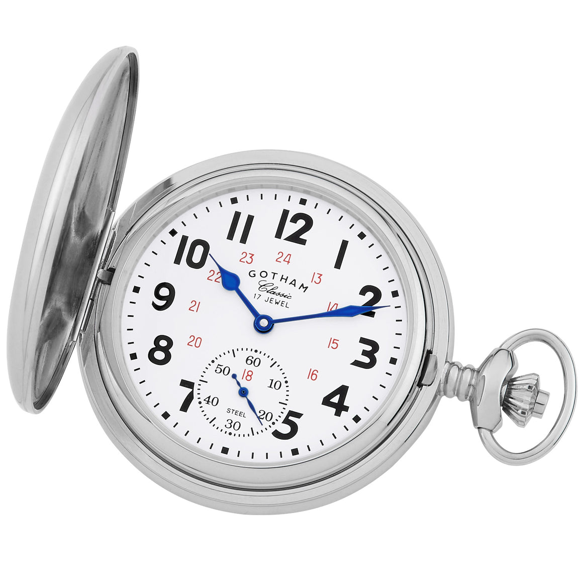 Gotham Men's Classic Silver-Tone Polished Case Double Hunter 17 Jewel Mechanical Pocket Watch # GWC18807S - Gotham Watch