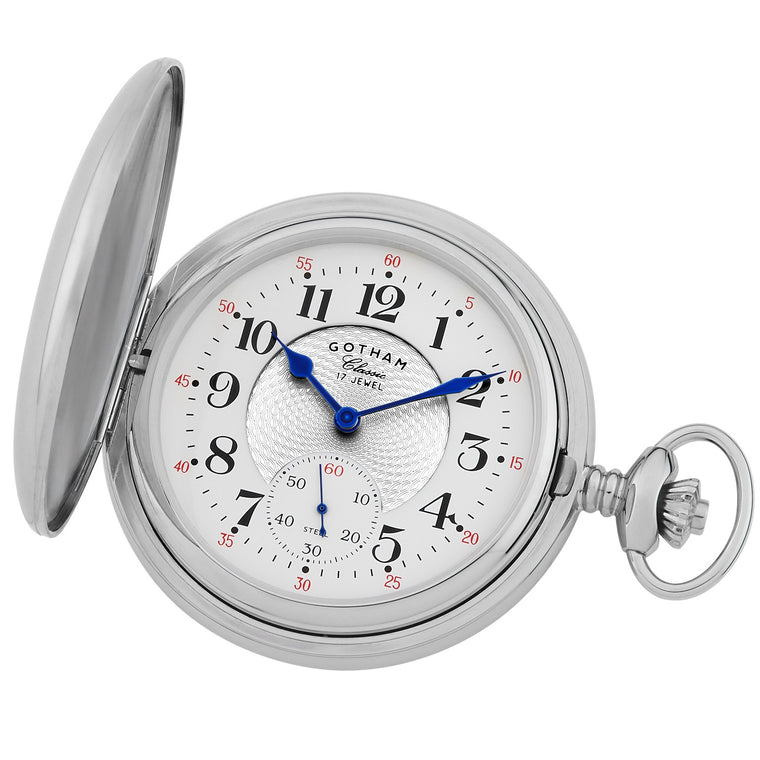 Gotham Men's Classic Silver-Tone Polished Case Double Hunter 17 Jewel Mechanical Pocket Watch # GWC18810S open view with blue hands