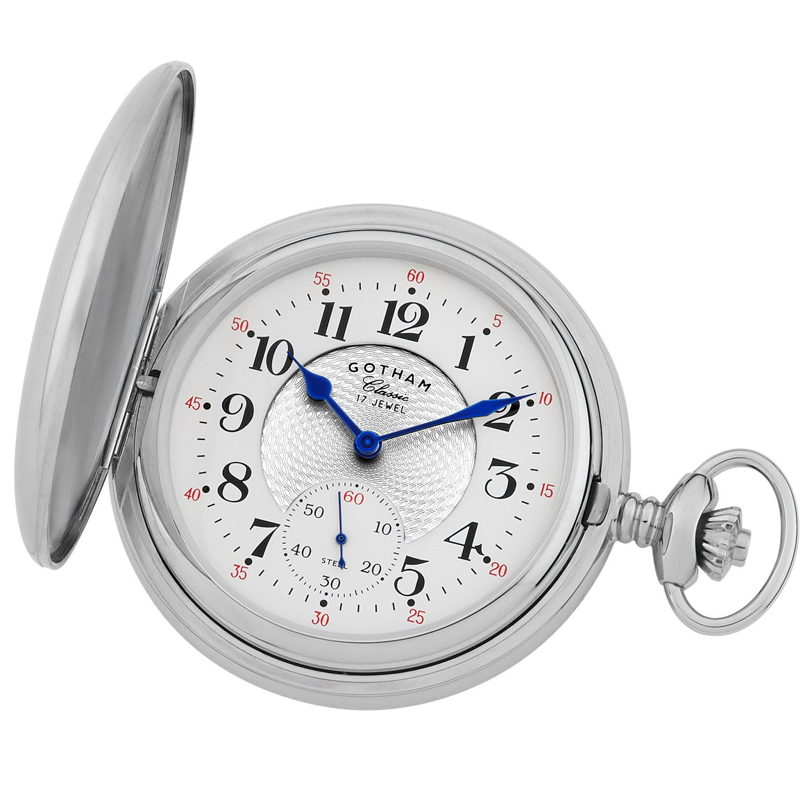 Gotham Men's Classic Silver-Tone Polished Case Double Hunter 17 Jewel Mechanical Pocket Watch # GWC18810S open view with blue hands