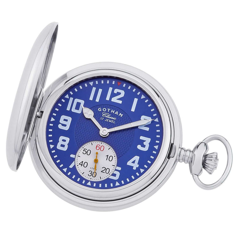 Gotham Men's Classic Silver-Tone Polished Case Double Hunter 17 Jewel Mechanical Pocket Watch # GWC18809SBU - Gotham Watch