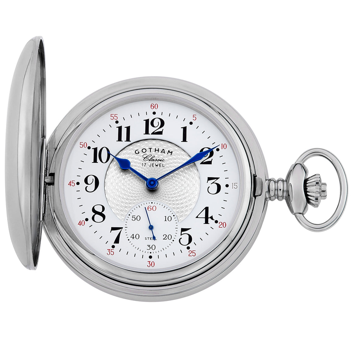 Gotham Men's Classic Silver-Tone Polished Case Double Hunter 17 Jewel Mechanical Pocket Watch # GWC18810S showing white dial and blue hands.