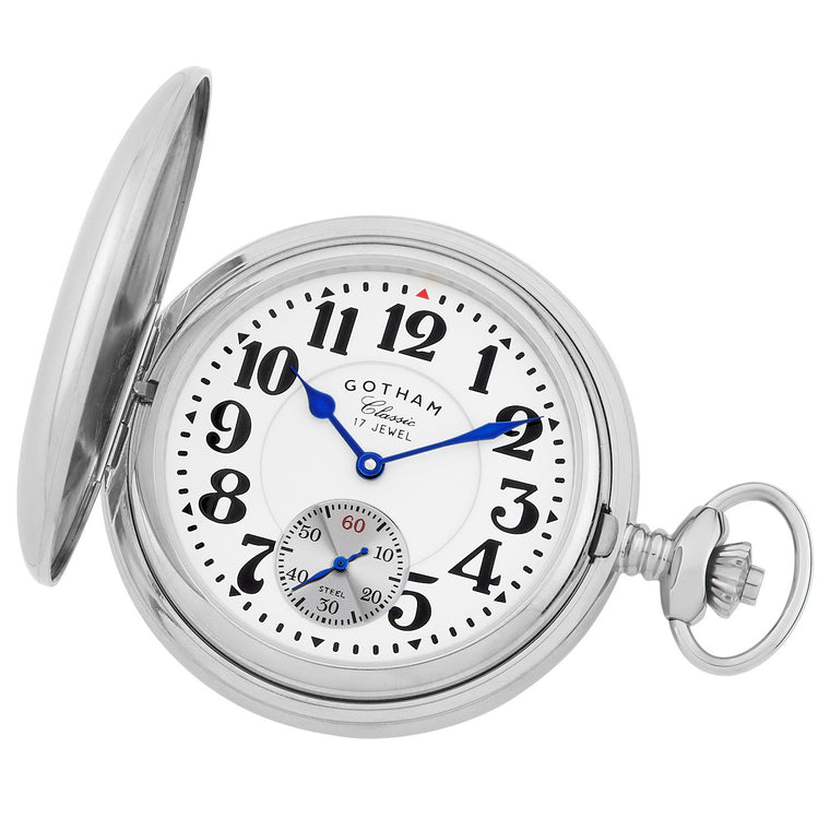Gotham Men's Classic Silver-Tone Polished Case Double Hunter 17 Jewel Mechanical Pocket Watch # GWC18808S - Gotham Watch
