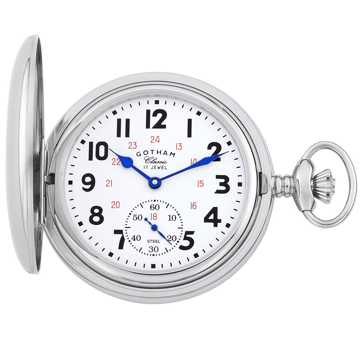 Gotham Men's Classic Silver-Tone Polished Case Double Hunter 17 Jewel Mechanical Pocket Watch # GWC18807S - Gotham Watch