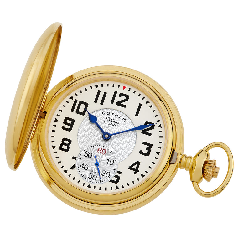 Gotham Men's Gold Plated 17 Jewel Mechanical Pocket Watch # GWC18809G with white ceramic dial and blue hands