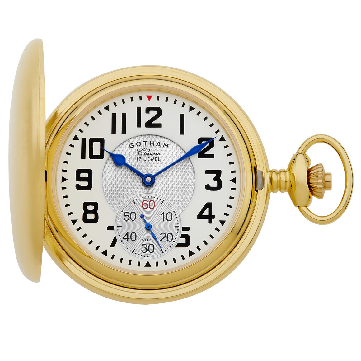 Gotham Men's Gold Plated 17 Jewel Mechanical Pocket Watch # GWC18809G with blue cobalt hands and white ceramic dial.