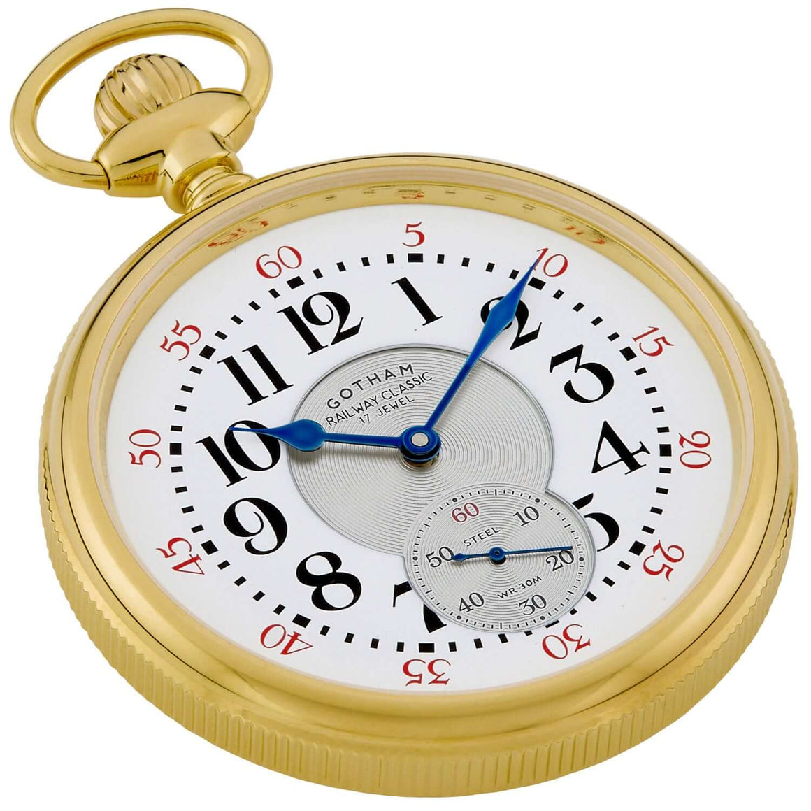 Gotham Men's mechanical gold plated pocket watch with blue hands and white enamel dial.