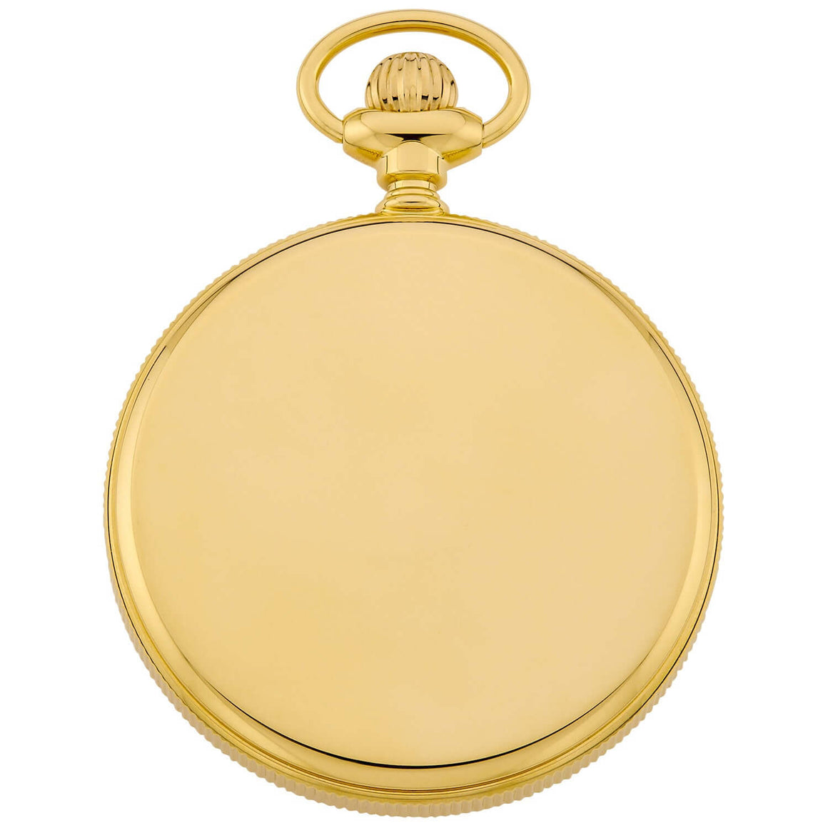 mechanical gold plated pocket watch with a polished gold finish and decorative crown.