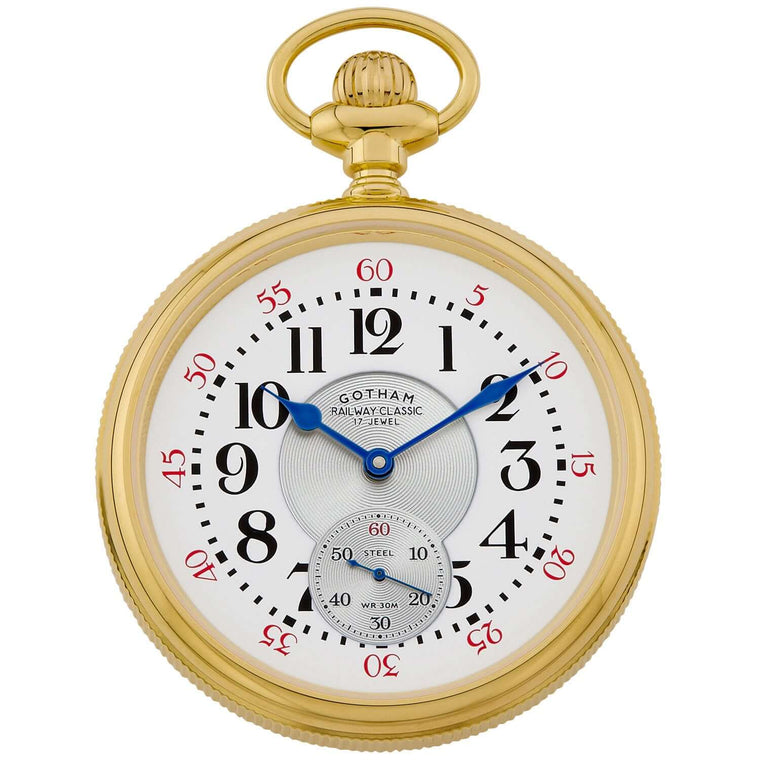 Gotham mechanical gold plated pocket watch with white dial and blue hands, featuring 52mm case and small seconds hand.