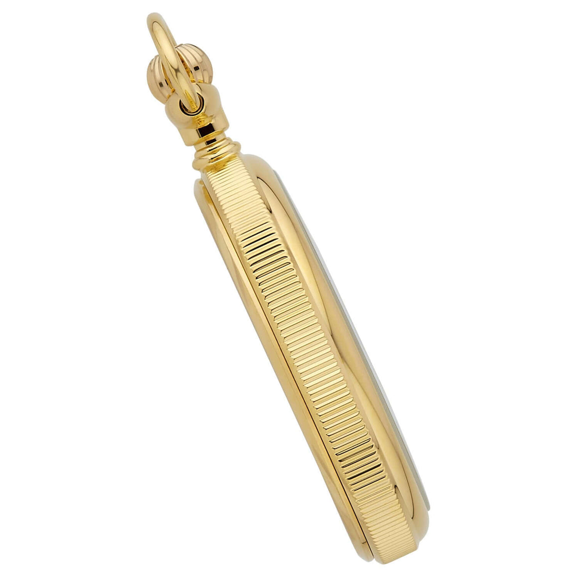 Side view of a mechanical gold plated pocket watch showcasing the coin edge design and gold finish.