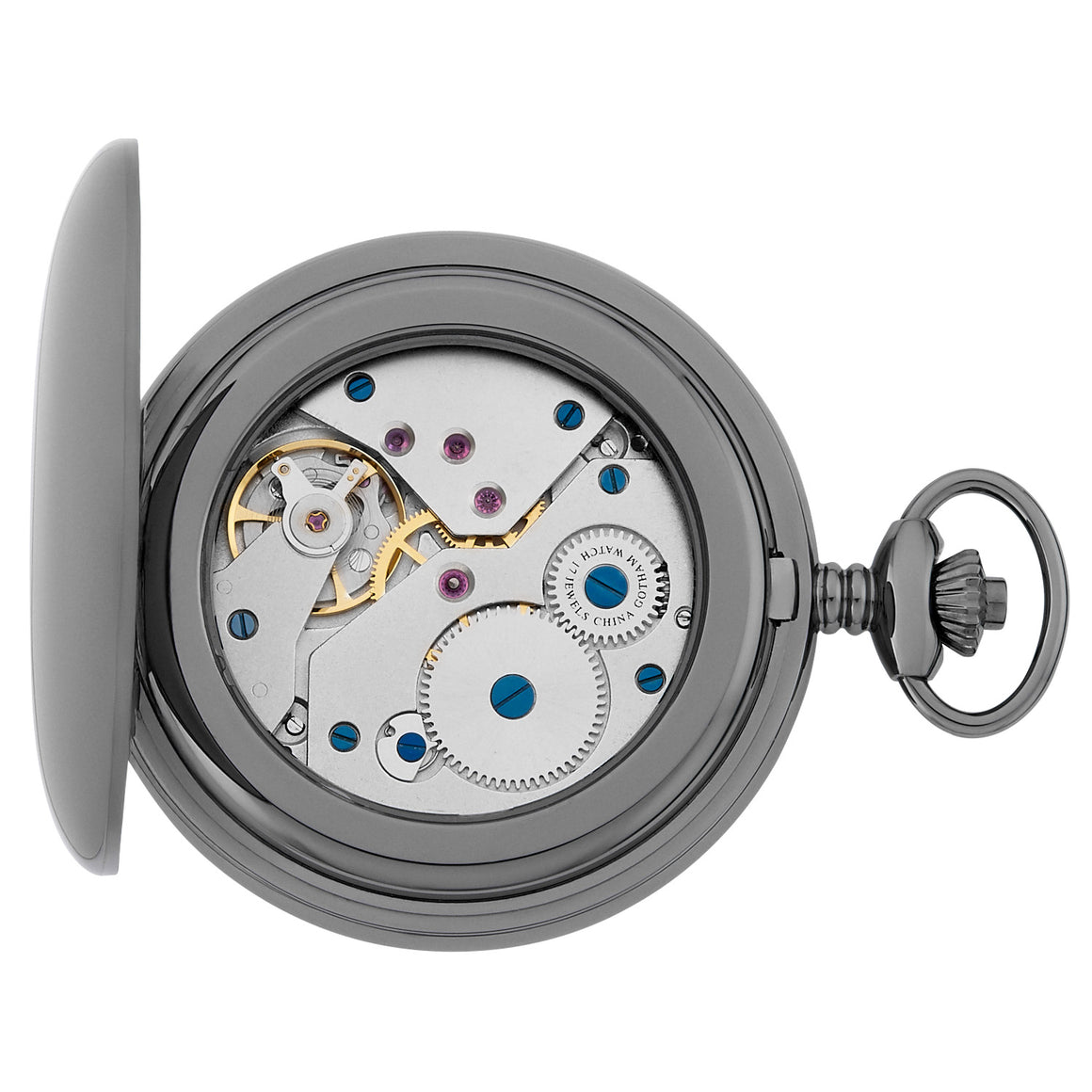 Gotham Men's Classic Gunmetal Plated Polished Case Double Hunter 17 Jewel Mechanical Pocket Watch # GWC18807BBK - Gotham Watch