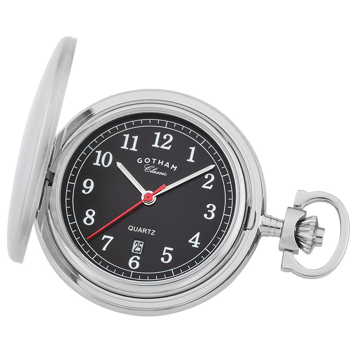 Gotham Men's Stainless Steel Classic Series Brushed Covered Quartz Pocket Watch # GWC14125SBK with black dial and stainless steel case.