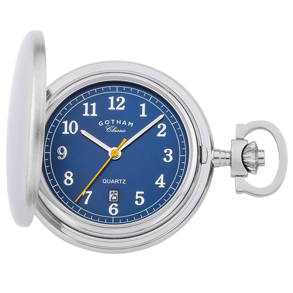 Gotham Men's Stainless Steel Classic Series Brushed Covered Quartz Pocket Watch # GWC14125SBU with blue sun-ray dial.