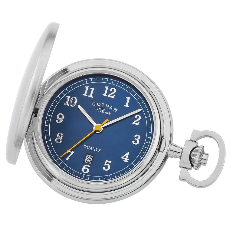 Gotham Men's Stainless Steel Classic Series Brushed Covered Quartz Pocket Watch # GWC14125SBU with blue dial and silver Arabic numbers.