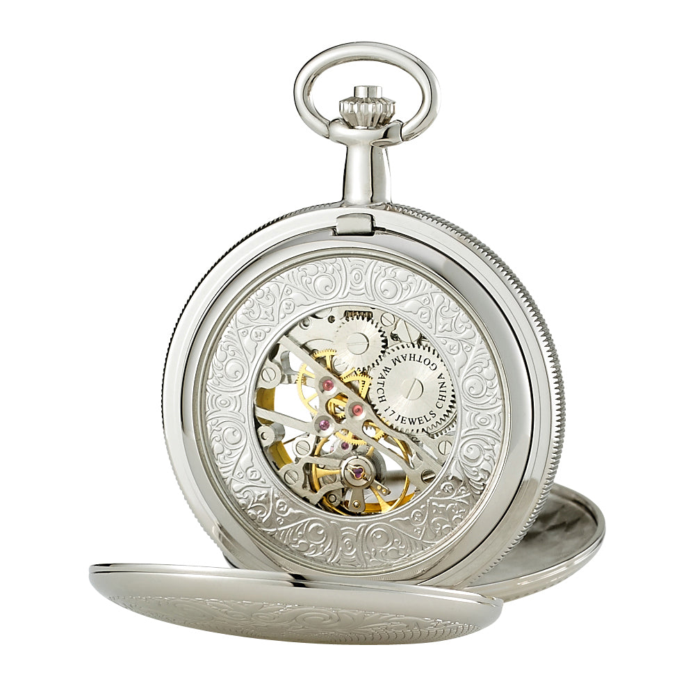 Gotham Men's Silver-Tone 17 Jewel Mechanical Double Cover Pocket Watch # GWC14051SA