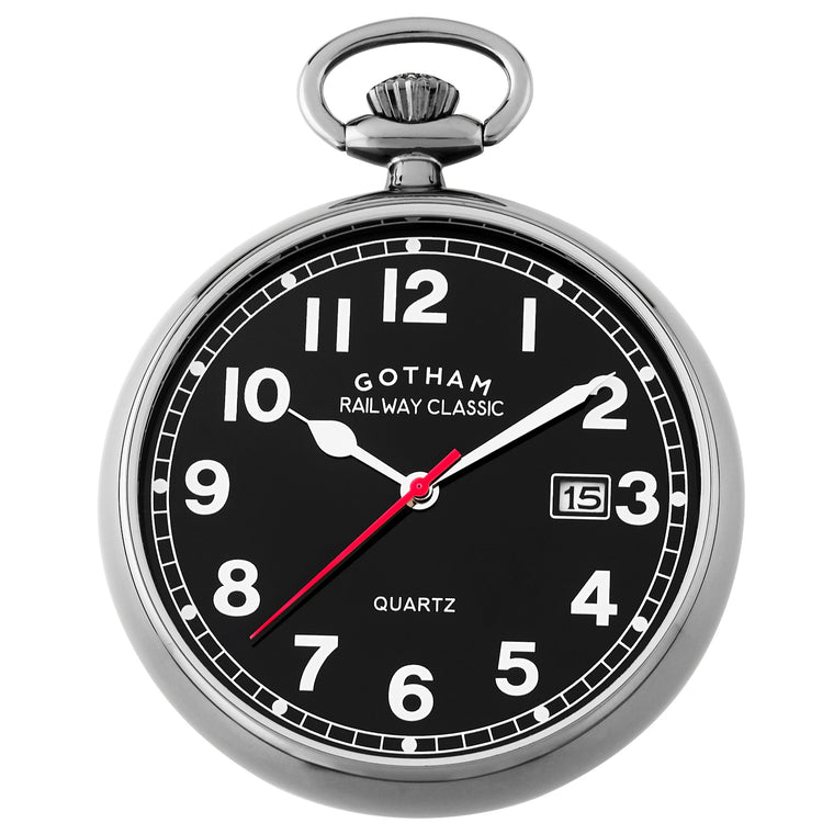 Gotham Men's Gun-Tone Analog Quartz Date Railroad Pocket Watch # GWC14101BBK - Gotham Watch