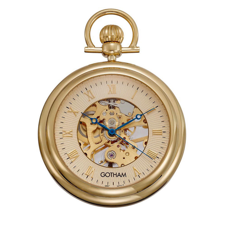 Gotham Men's Gold-Tone 17 Jewel Exhibition Mechanical Pocket Watch with Built-In Stand # GWC14055G - Gotham Watch