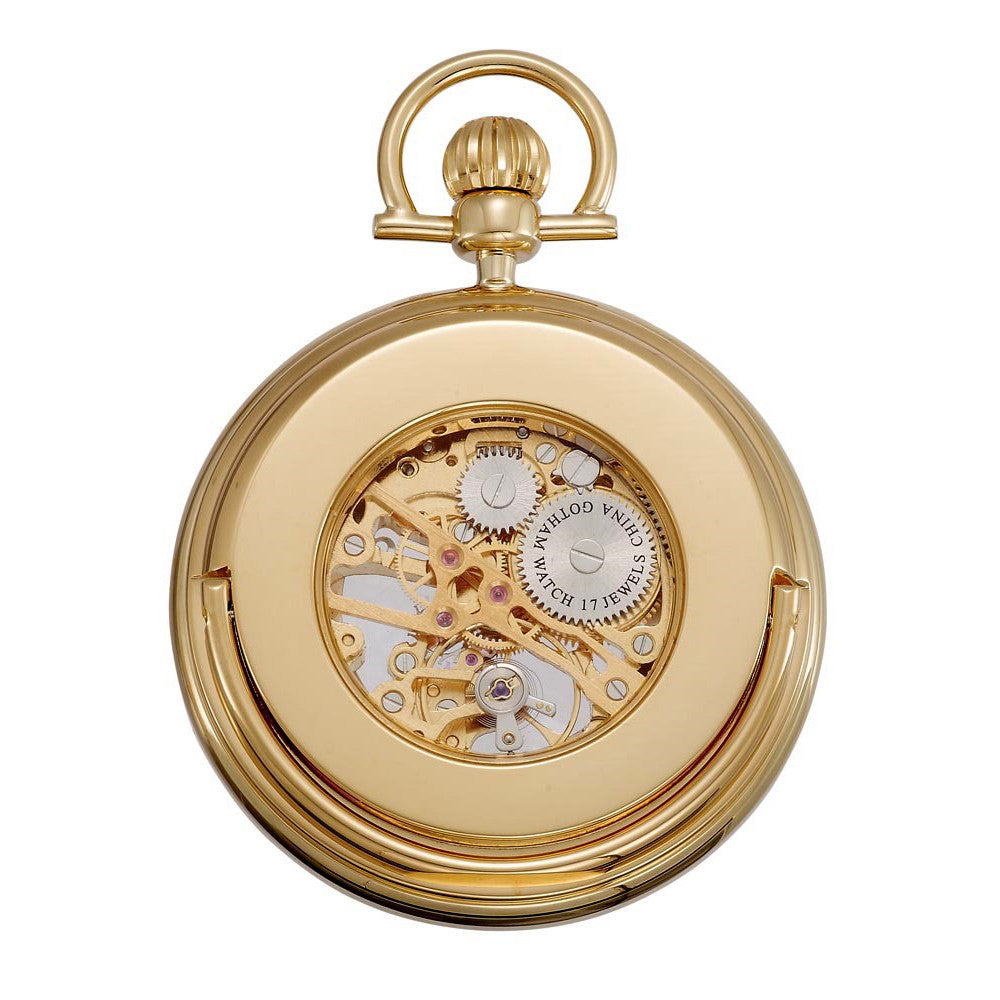 Gotham Men's Gold-Tone 17 Jewel Exhibition Mechanical Pocket Watch with Built-In Stand # GWC14055G - Gotham Watch