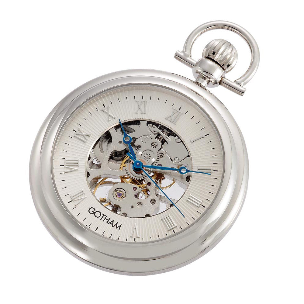 Gotham Men's Silver-Tone 17 Jewel Exhibition Mechanical Pocket Watch with Built-In Stand # GWC14055S - Gotham Watch