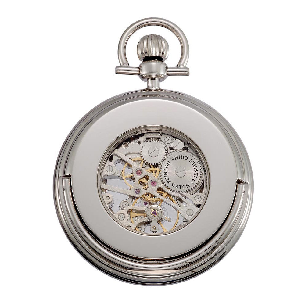 Gotham Men's Silver-Tone 17 Jewel Exhibition Mechanical Pocket Watch with Built-In Stand # GWC14055S - Gotham Watch