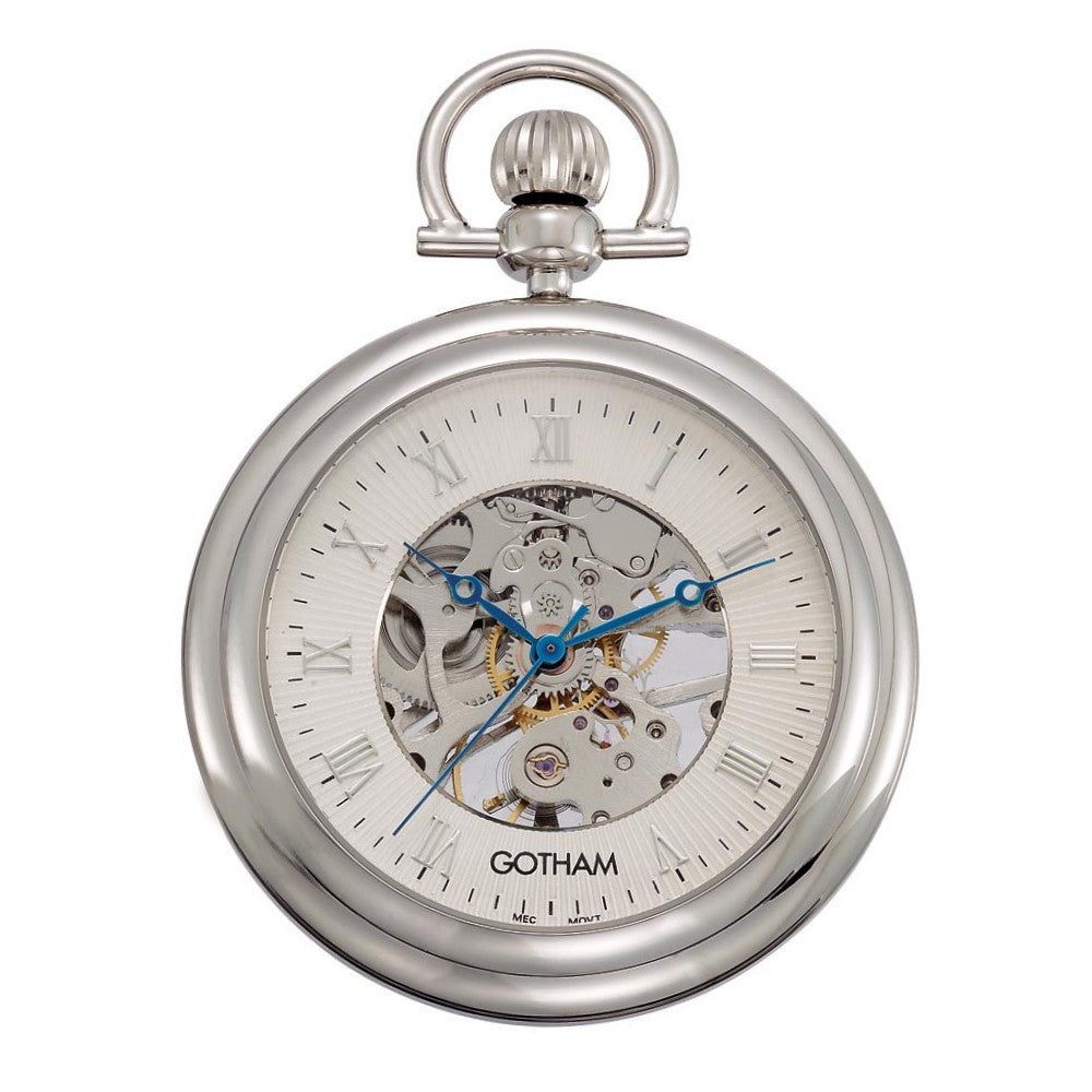 Gotham Men's Silver-Tone 17 Jewel Exhibition Mechanical Pocket Watch with Built-In Stand # GWC14055S - Gotham Watch