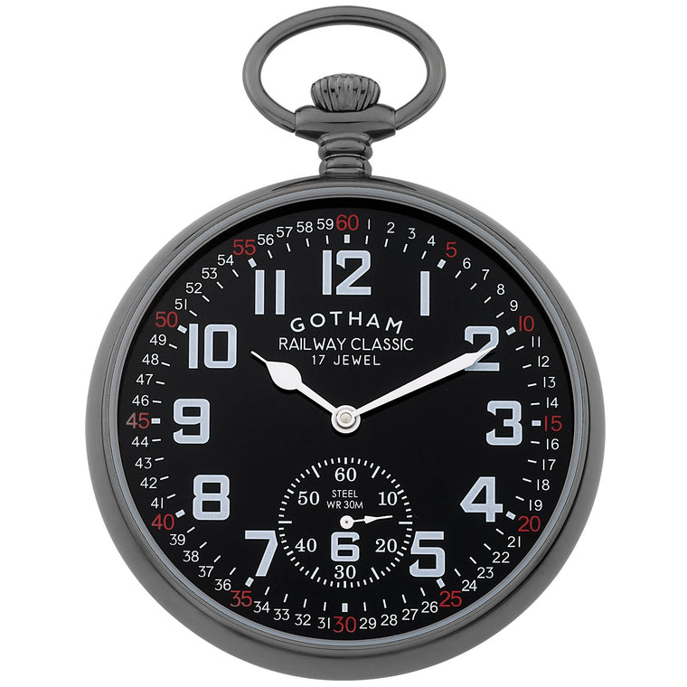 Gotham Men's Gunmetal Stainless Steel Mechanical Hand Wind Railroad Pocket Watch # GWC14103BBK