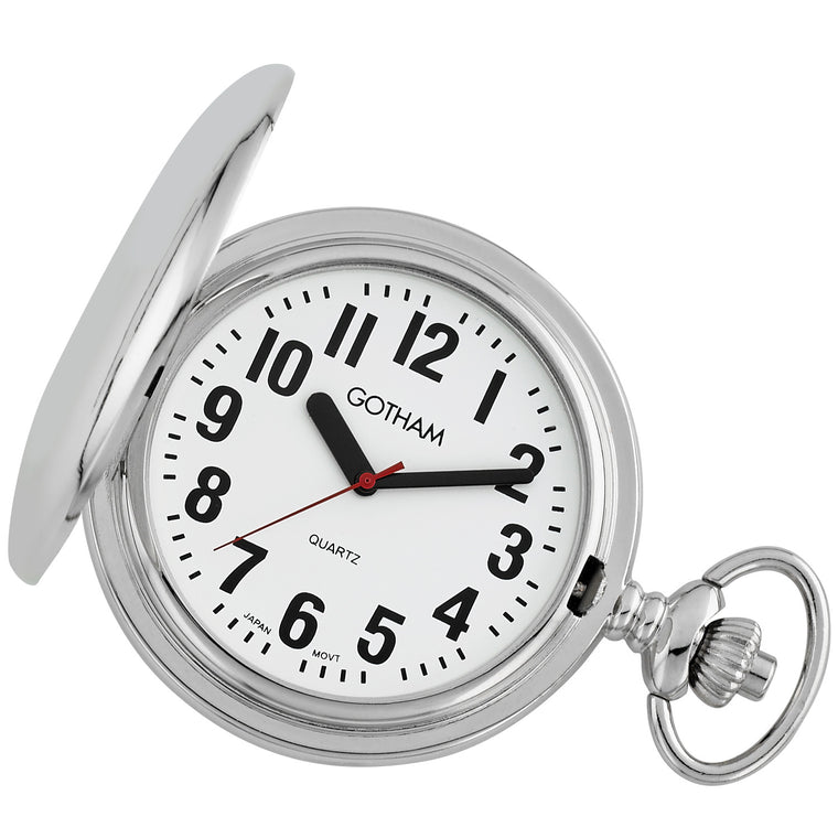 Gotham Men's Silver-Tone Low Vision Bold Number Polished Finish Covered Quartz Pocket Watch # GWC15045S - Gotham Watch
