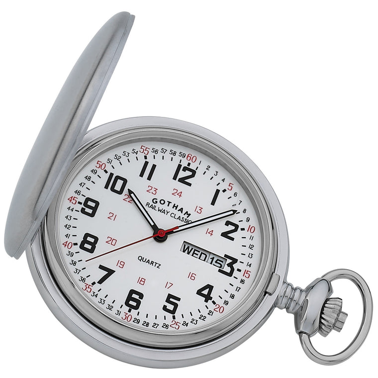 Gotham Men's Railway Classic Stainless Steel Analog Quartz Day/Date Hunter Pocket Watch # GWC14110S